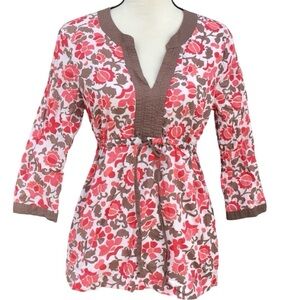 Boden Floral Cotton Empire Drawstring Waist 3/4 Sleeve Print Tunic Blouse Size 8